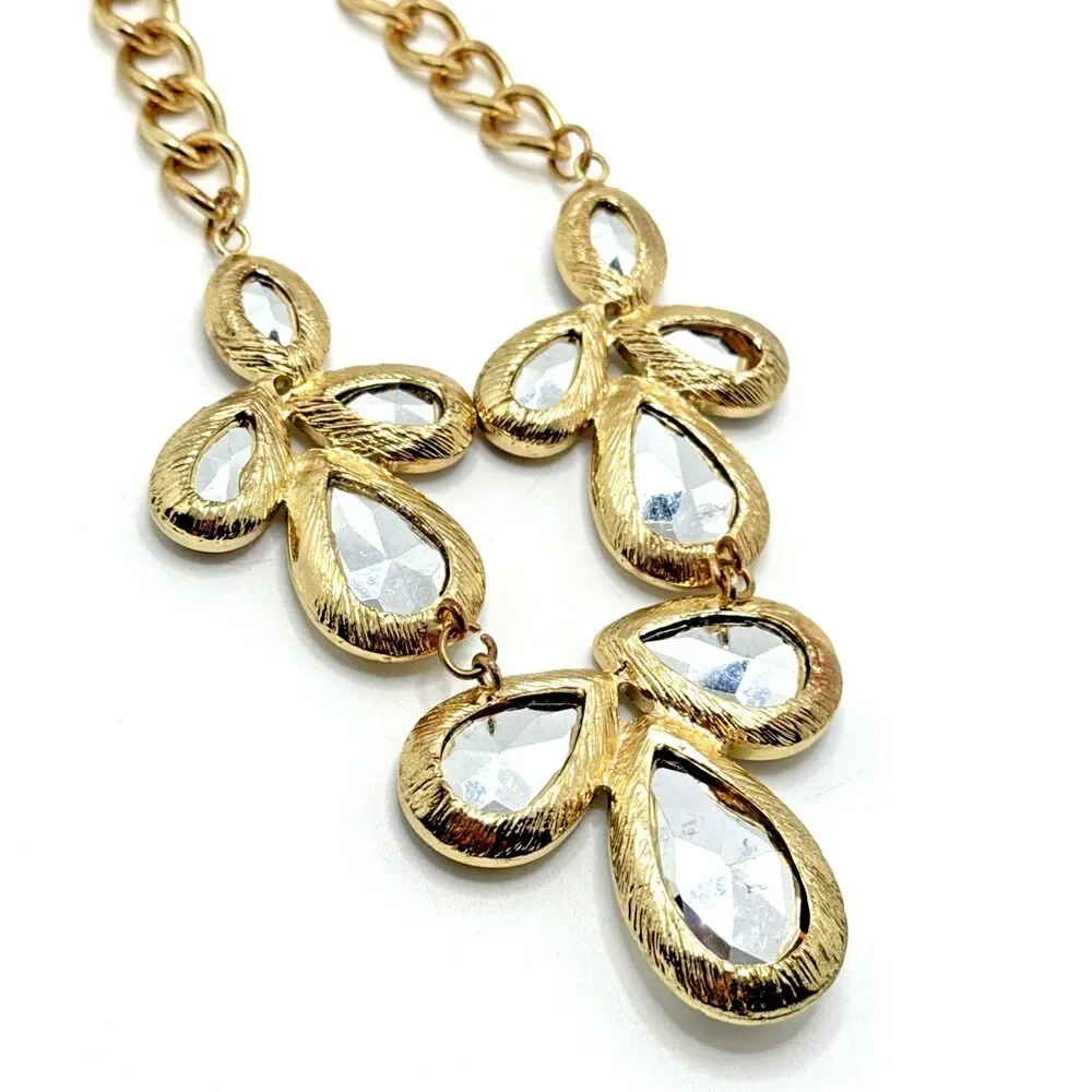 Rhinestone Bib Necklace Clear Smoky Faceted Floral Statement 18-20